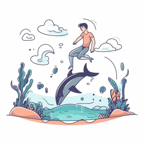 Vector illustration of a man jumping in the water with a dolphin