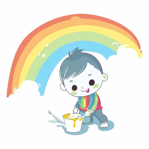 Cute little boy playing with a paint bucket and a rainbow.