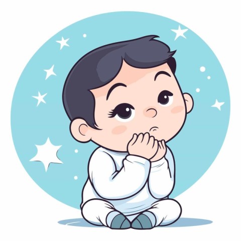 Cute little baby boy praying in cartoon style.