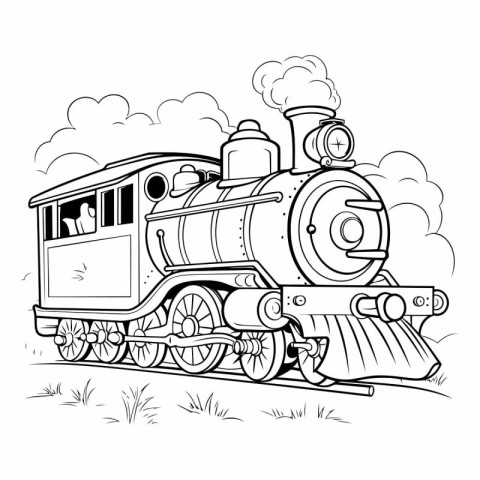 Steam locomotive. black and white vector illustration. Cartoon s