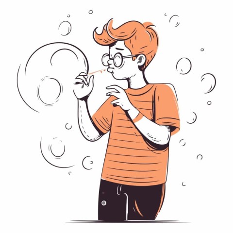 Young man blowing soap bubbles in cartoon comic style.