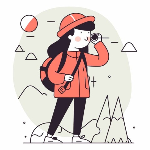 Tourist girl with backpack and binoculars.