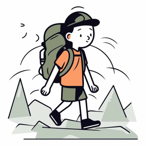 Hiking boy with a backpack goes up the mountain