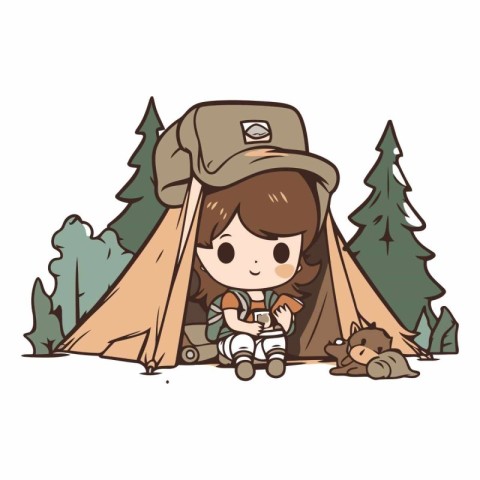 Cute little explorer girl sitting in her tent.