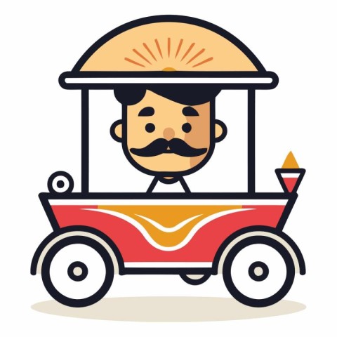 Cartoon vector illustration of a man with a mustache riding a ca