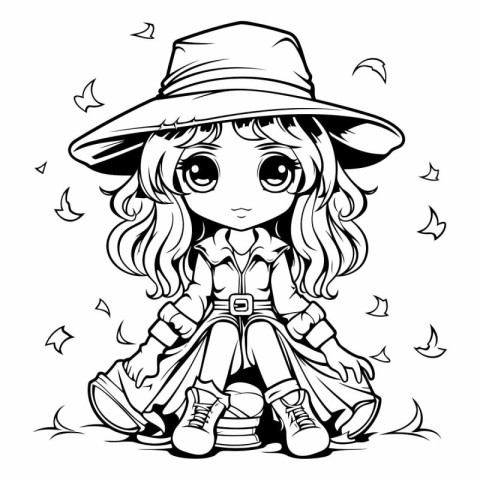 Cute cartoon girl in a cowboy hat sitting on the grass.