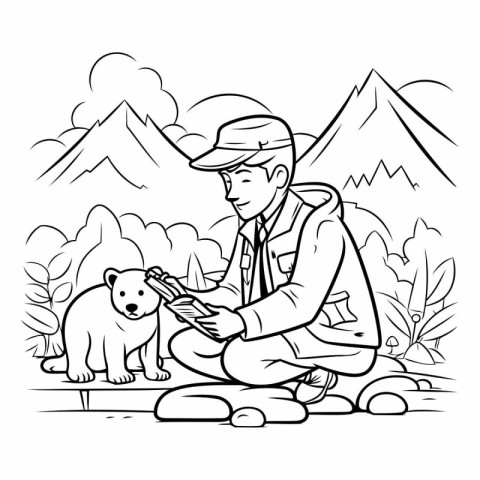 Vector illustration of a man with a dog sitting on the rocks in