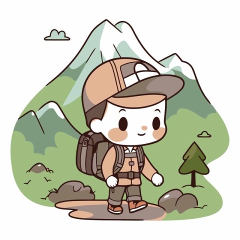 Cute boy hiking in the mountains of a hiker in nature.