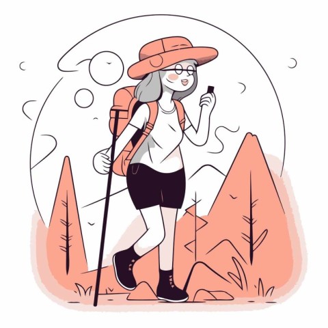 Hiking woman in cartoon style on white background.