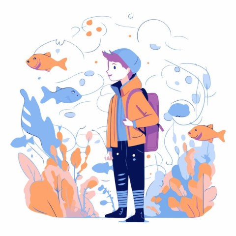 Vector illustration of a boy with a backpack looking at the fish