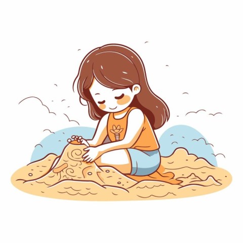 Cute little girl playing with sand in the beach.