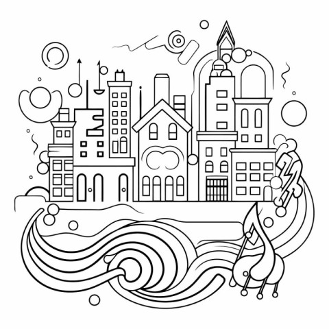 Hand drawn vector illustration of a cityscape with houses. trees