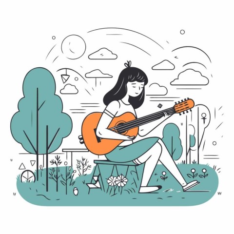 Young woman playing guitar in the park in thin line style.