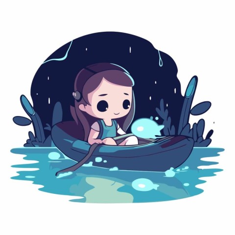 Cute little girl sitting in a boat in the river.