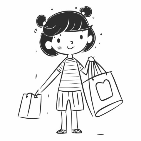 Cute girl with shopping bags. Black and white vector illustratio