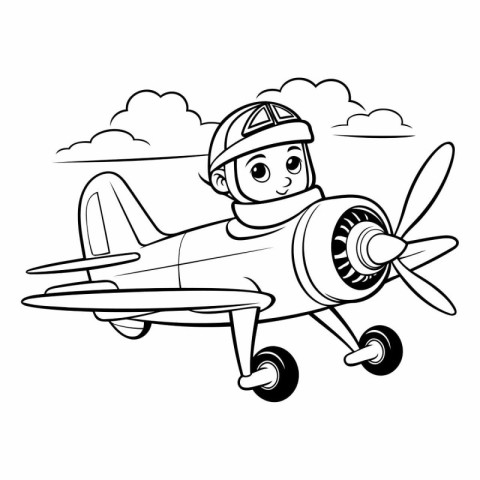 Black and White Cartoon Illustration of a Kid Boy Flying a Retro