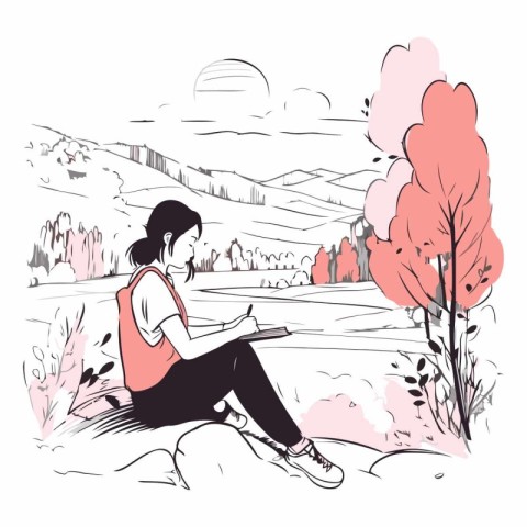 Illustration of a girl sitting on a rock and reading a book.