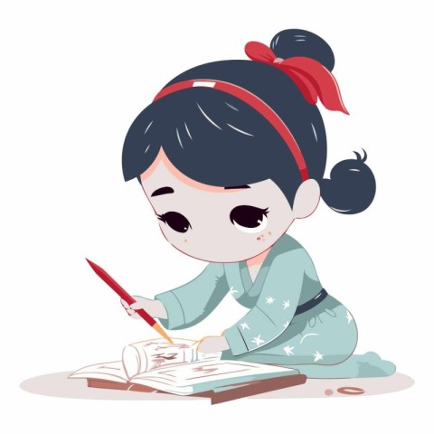 Cute kawaii japanese girl painting with brush.