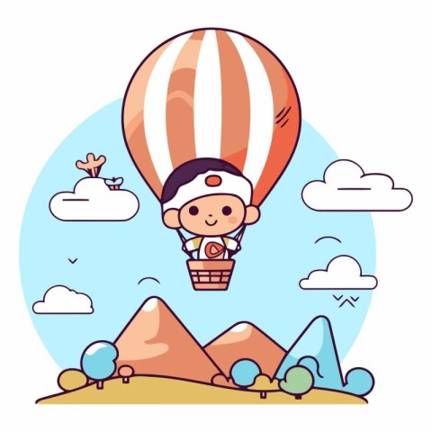 Cute cartoon boy flying in hot air balloon on mountains.