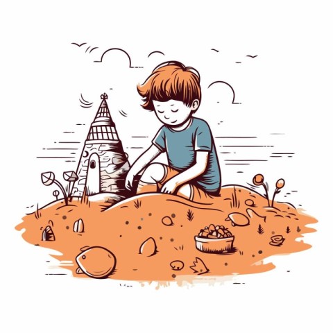 Cute little boy playing on the beach. drawing by hand.