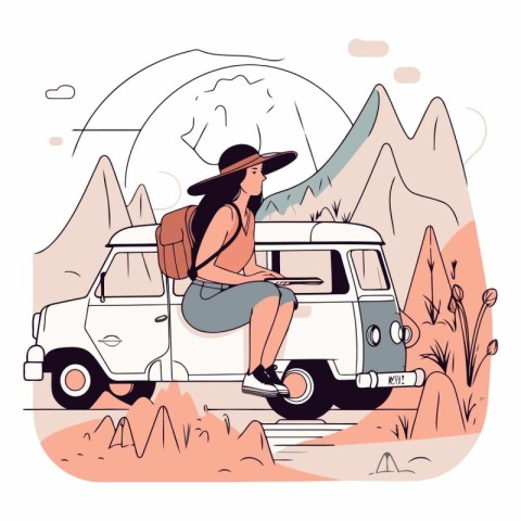 Tourist woman sitting on a camper van.