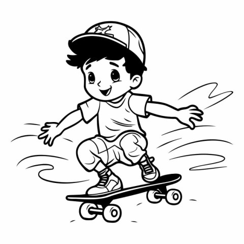 Boy Skateboarding - Black and White Cartoon Illustration. Vector