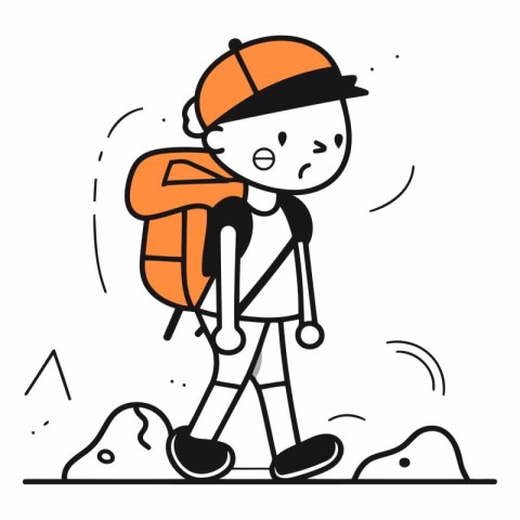 Vector illustration of a boy hiker with a backpack on a white ba