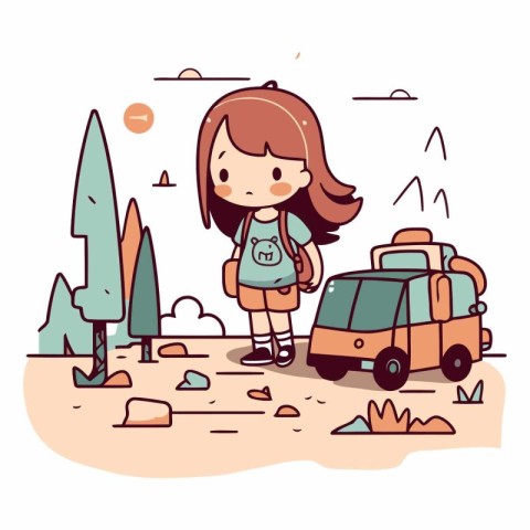 Cute little girl with backpack and camping car.