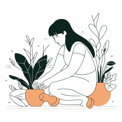 Woman planting houseplants in line art style.