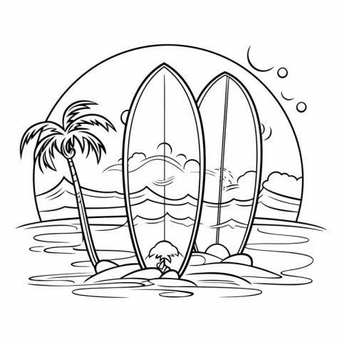 Surfboard and palm trees on the beach.