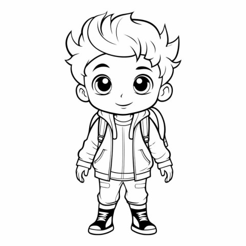 Cute little boy with backpack for coloring book.