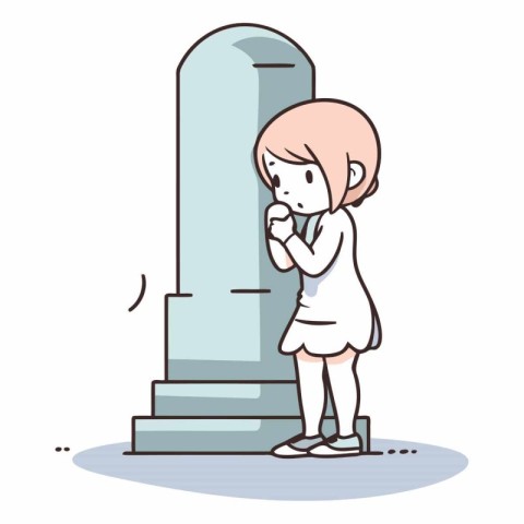 Girl standing and looking at grave in cartoon style.