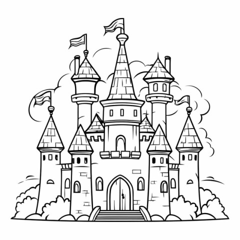 Fairytale castle with flags. Black and white vector illustration