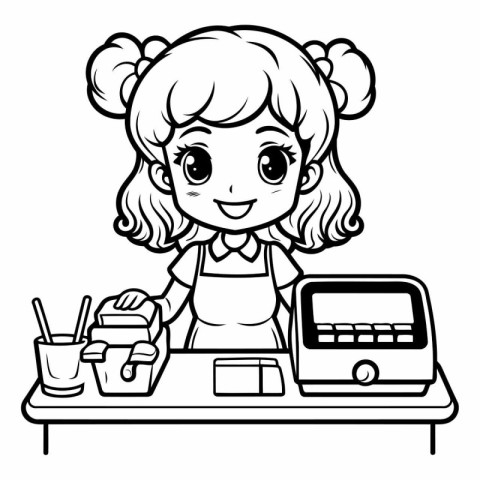 Cute Girl with Fast Food - Black and White Cartoon Illustration.