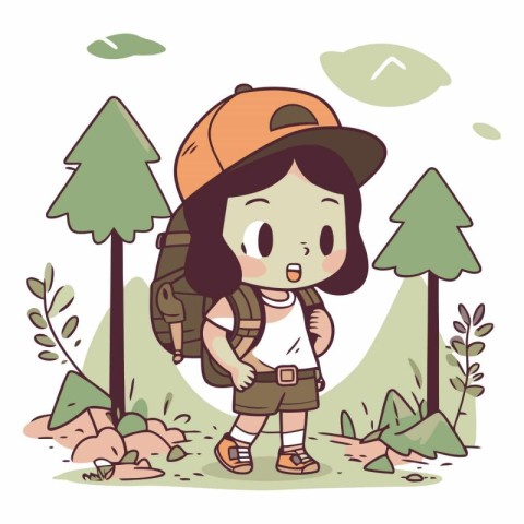 Cute little girl hiking with a backpack in the forest.