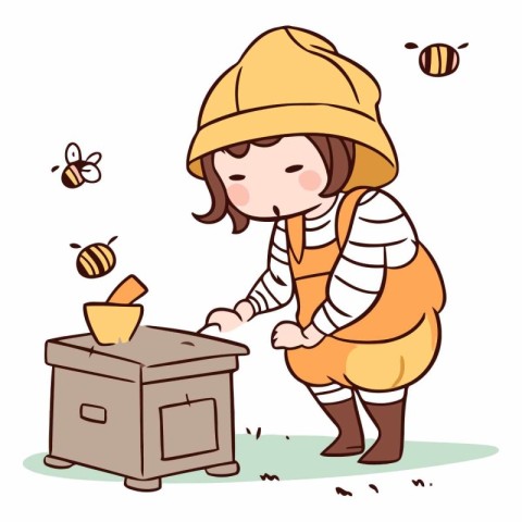 Illustration of a Little Girl Picking Honey from a Beehive