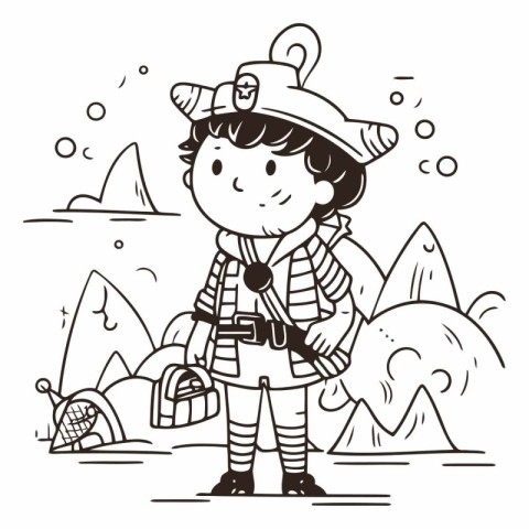 Boy scout in the mountains in doodle style