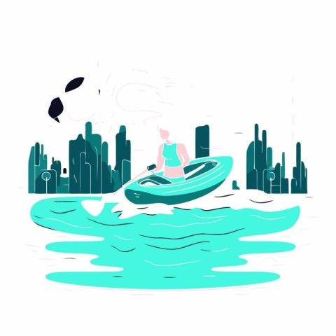 Vector illustration of a girl in a boat on the background of the