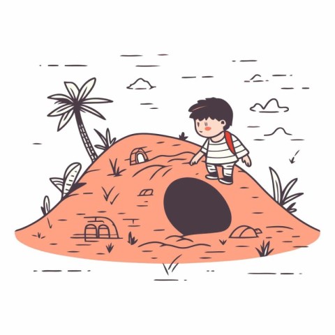 Little boy on the island in doodle style