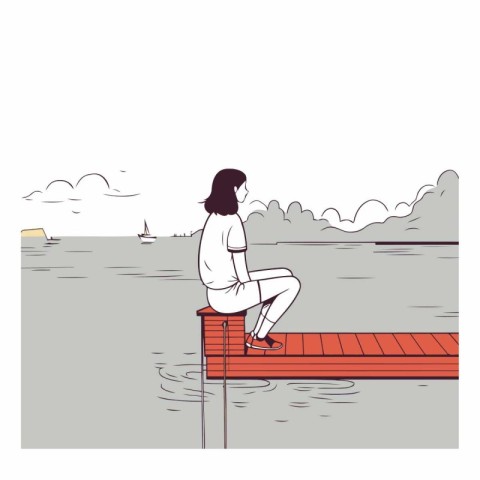 Woman sitting on the pier in line art style.