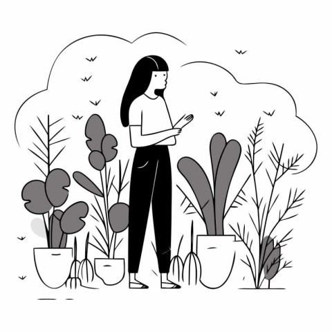 Vector illustration of a woman standing in the garden and lookin