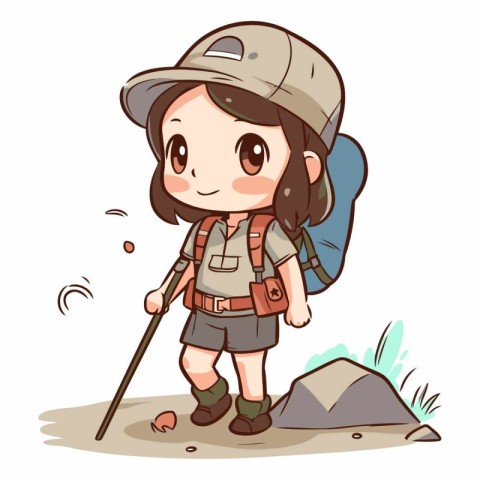 Cute explorer girl with backpack and hiking poles.