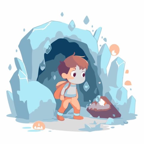 Cute little explorer boy exploring ice cave. Cartoon vector illu