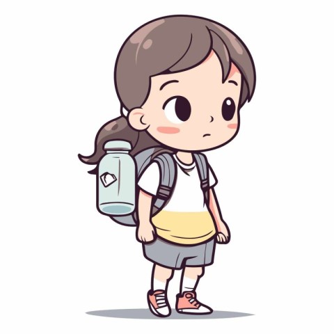 Little girl going to school with backpack and water bottle.