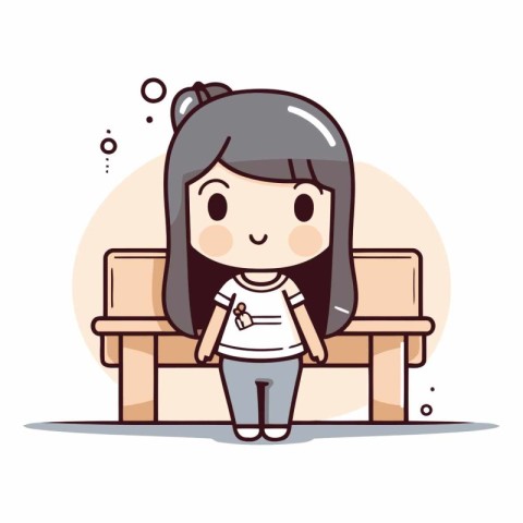 Cute girl sitting on bench in cartoon style.