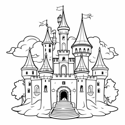 Fairytale castle. Fairy tale castle. Black and white vector illu