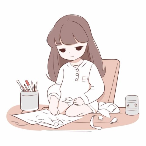 Illustration of a cute little girl drawing with pencils. Vector.