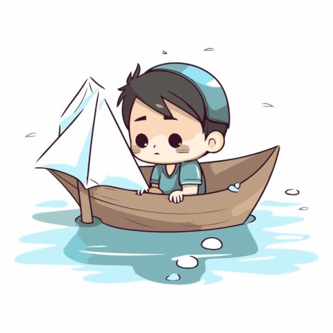 Boy on a boat with paper boats in the background.