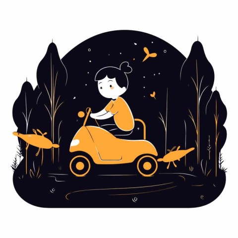 Vector illustration of a boy driving a toy car in the park.