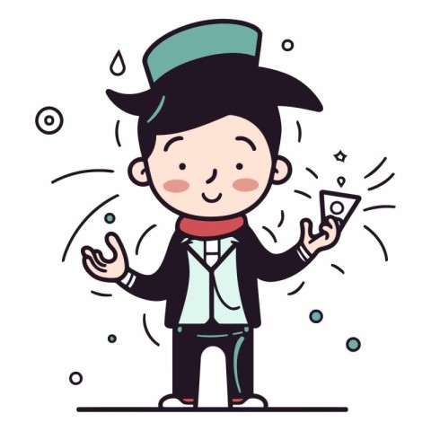 Cartoon illustration of a magician holding a coin.